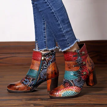 

Women Boots Retro Genuine Leather Printing Splicing 3-5CM Thick High Heel Zipper Dress Short Boots Ladies Shoes Women Shoes