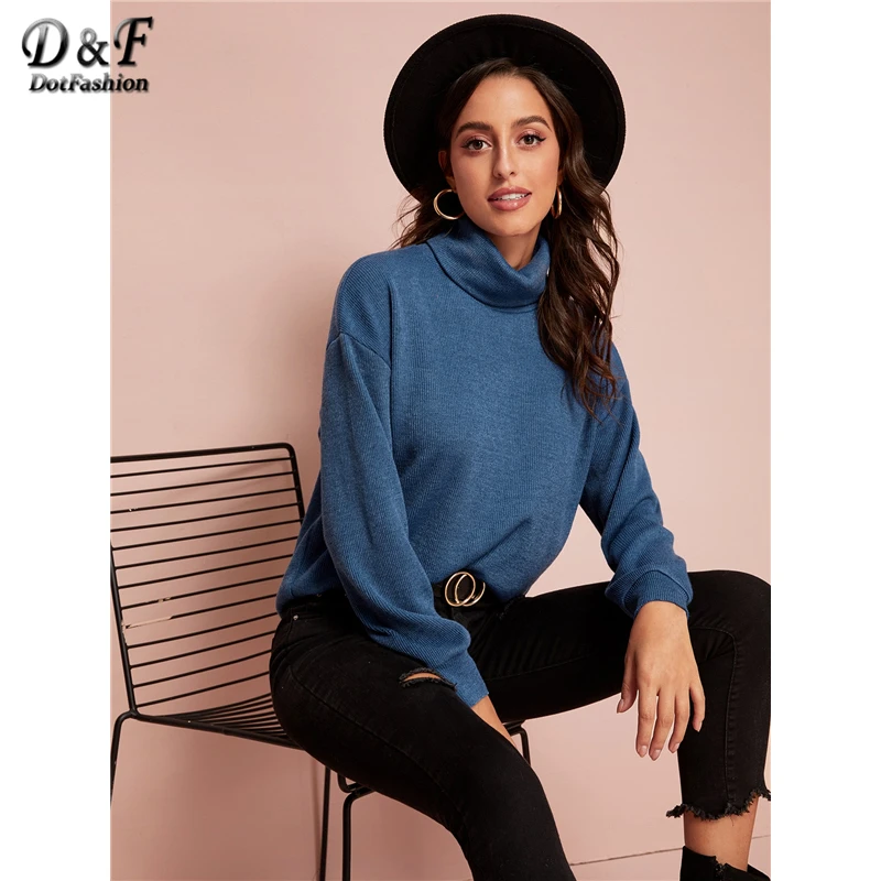 Dotfashion, Повседневная Женская толстовка с высоким воротом и спущенным плечом, осень, синие свитшоты, Женская однотонная Базовая Толстовка