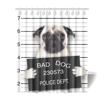 

Animal Dog Waterproof Shower Curtain Decor, Funny Cute Pug Dog Holding a Banner Fabric Bathroom Set with Hooks, 72(Wide) x