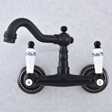 Kitchen Wet Bar Bathroom Vessel Sink Faucet Black Oil Rubbed Brass Wall Mounted Swivel Spout Mixer Tap Dual Ceramic Lever msf745