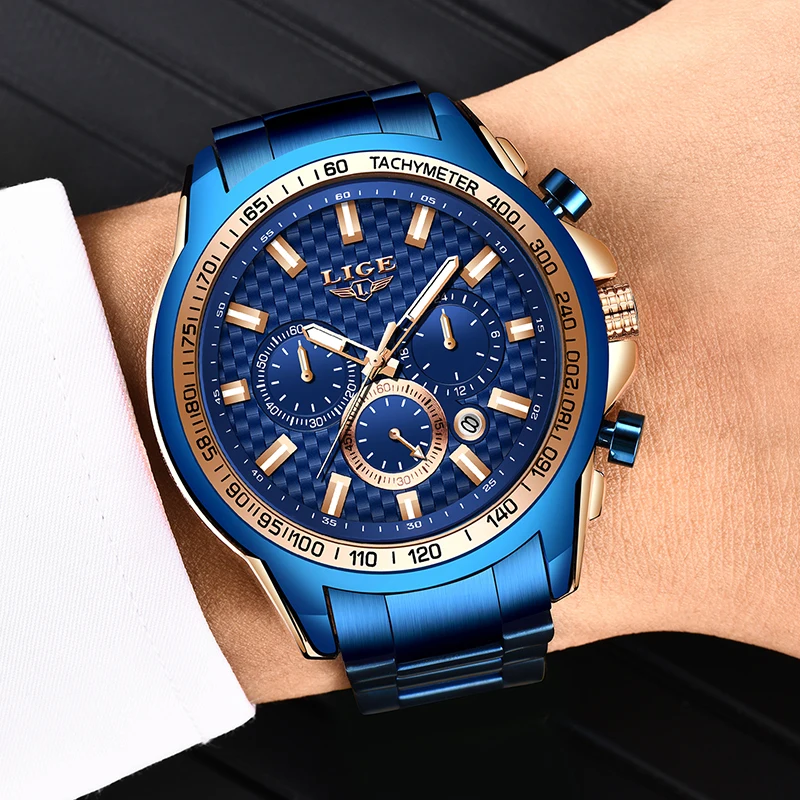 LIGE, новинка, модные синие часы, мужские часы, Топ бренд, роскошные часы, мужские военные кварцевые часы с хронографом, мужские часы