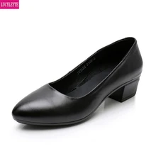 Офисная Рабочая обувь; женская черная кожа; Профессиональный грубый каблук; обувь для деловых женщин