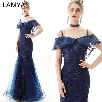

LAMYA 2020 New Backlaess Mermaid Evening Party Dresses Boat Neck Spaghetti Strap Formal Dress Ruffles Prom Gown Robe De Soiree
