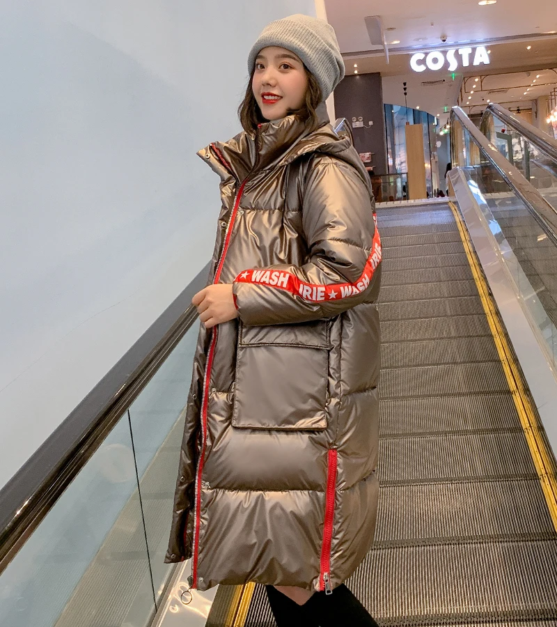 Зимняя длинная куртка для женщин парка с воротником-стойкой Женское пальто с капюшоном из блестящей ткани длинная теплая с хлопковой подкладкой