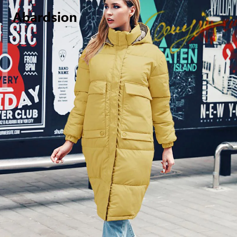 Abardsion, Женское зимнее теплое пальто с капюшоном, куртка, Высококачественная ветровка, женская уличная одежда, повседневные Длинные куртки, парка - Цвет: Цвет: желтый