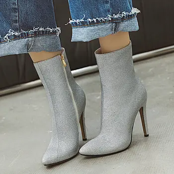 

2020 New Winter Sequined Women Boots Fashion Zipper Ankle Boots Ladies Pointed Toe Thin Heel Booties Black Silver Gold