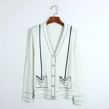 

Deep V-neck Thin Cardigan Women Casual Loose Sweater Coat 2020 New Black White Striped Long Sleeve Single Breasted Cardigan