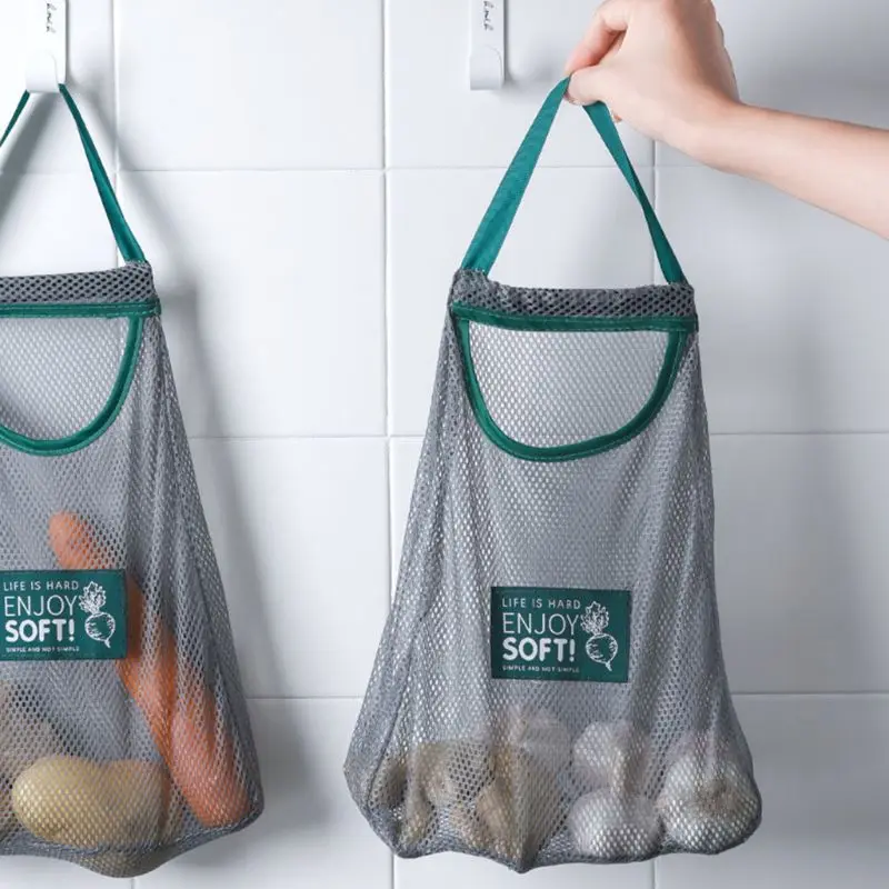 3pcs Reusable Washable Mesh Fruit Vegetable Storage Hanging Bag Kitchen Shopping