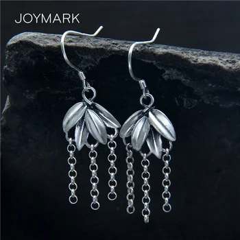 

Retro 925 Thai Silver Tassel Earrings Fine Jewelry Female Sterling Silver Four Leaves Tassel Chain Drop Earrings TSE477