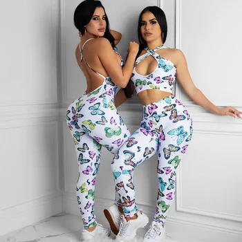 

NORMOV Sexy Women Jumpsuits Summer O Neck Backless Cross Butterfly Print Polyester Rompers Skinny Femme Jumpsuits