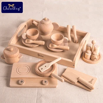 

1set Wooden Kitchen Set For Kids Cooking Beech Tea Pots Set Toy Bbq Food 1:12 Kitchen Accessories Montessori Baby Products Gift