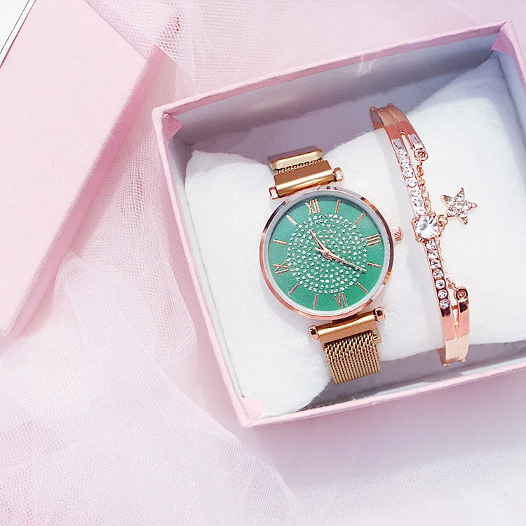 Женские часы браслет Подарочная коробка набор женские роскошные брендовые бриллиантовые Звездные золотые кварцевые наручные часы хрустальные магнитные стальные сетки reloj - Цвет: green bracelet box