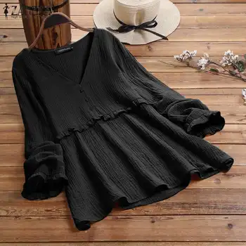 

Women Cotton Blouses ZANZEA 2020 Spring Long Ruffles Sleeve Tops Solid V Neck Tunic Blusas Female Ruffles Shirts Chemiser Mujer