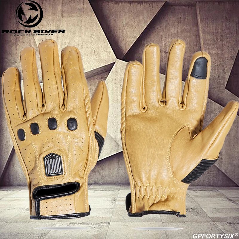 

ROCK BIKER Sheepskin Motorcycle Gloves Retro Leather Riding Gloves Four Seasons Motocross Racing Breathable Touch Screen Gloves