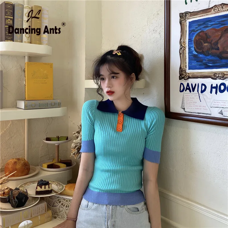 

Woman T-shirts Short Sleeve Turn-down Collar Knitted Tees Kpop Patchwork Skinny Elastic Slim Female T-shirt 2020 Summer Fashion