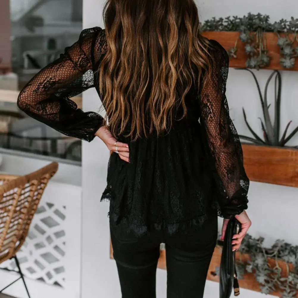 Women Blouse Sexy Lace Mesh Long Puff Sleeve Shirt Blouse Tops See Bowknot Shirt Loose Casual Blouse 2