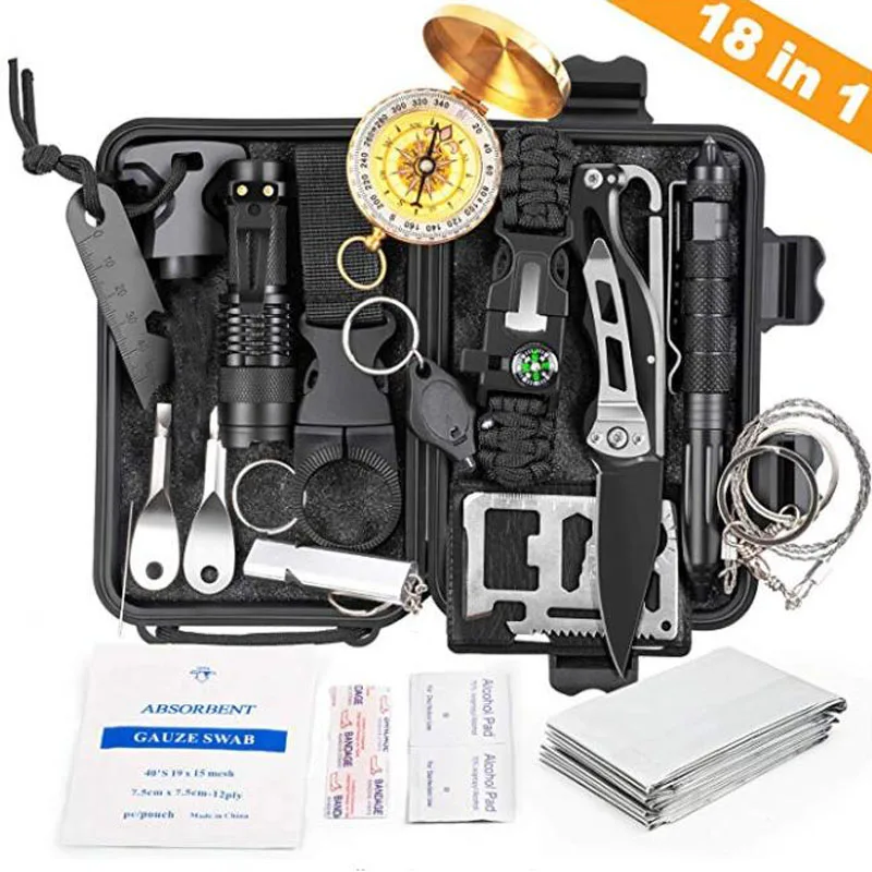 18 in 1 Emergency Survival Kit Professional Tactical Defense Equitment Tools with Knife Compass for Adventure