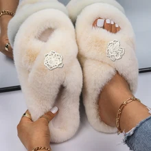 

Women Slippers Furry Slides Faux Fur Sandals Ladies Handmade Pearl Flower Decor Fluffy Slippers Flip Flops Female Flat Shoes