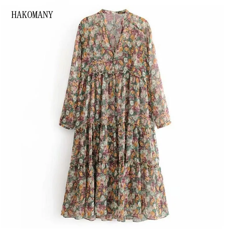 Women Button V neck Flower print Long sleeve Dress Splice Wood ears ruffles floor length Long Dresses With Lining Vestidos