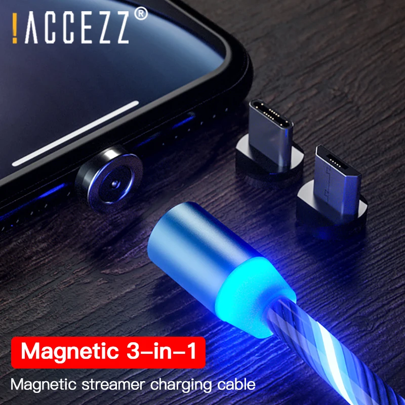 

!ACCEZZ Magnetic Cable Fast Charging LED Micro USB Type C Lighting Cable For iPhone X 7 8 11 XS Samsung Magnet Android Cord Line