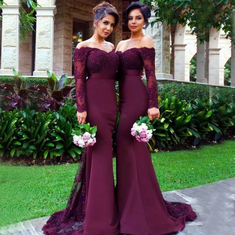 Mermaid Bridesmaid Dress Off-the-Shoulder Long Sleeves Sweep Train Bridesmaid Dress with Lace for Wedding