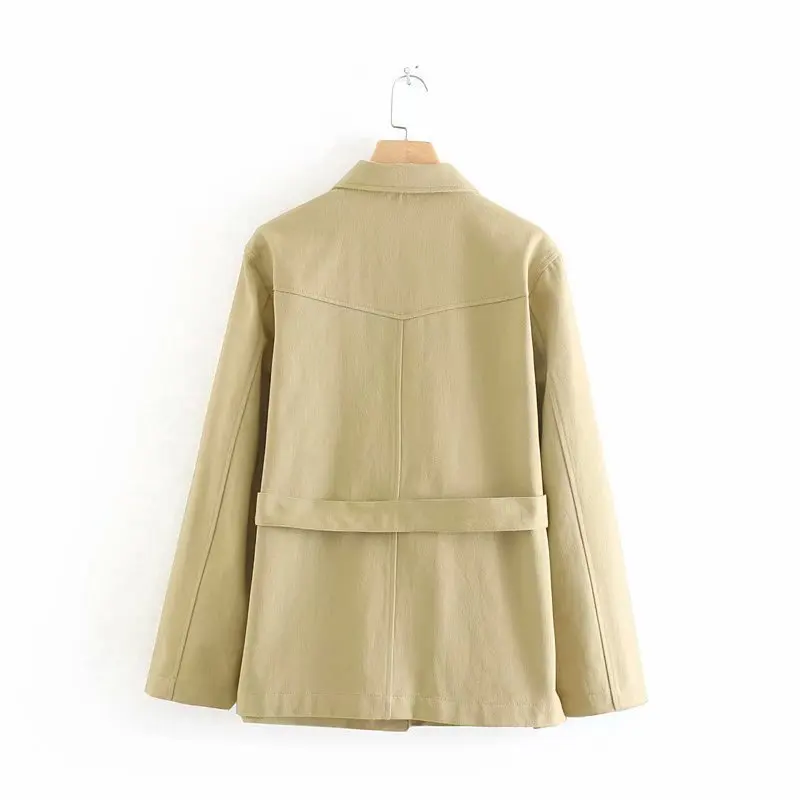 

F2742-Western Style WOMEN'S Dress 2019 Spring And Autumn New Style Fold-down Collar Large Pocket Belt Jacket Women's