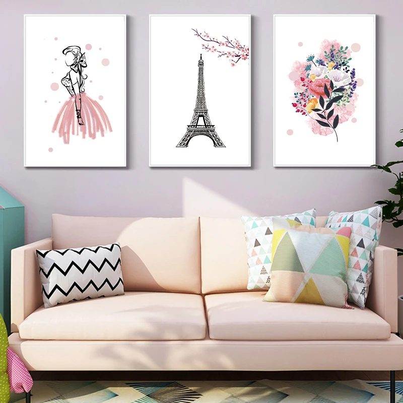 Pink Eiffel Tower Fashion Girl Nordic Flower Poster Canvas Wall Art Prints Painting Home Decorative Pictures for Living Room Bed | Дом и сад