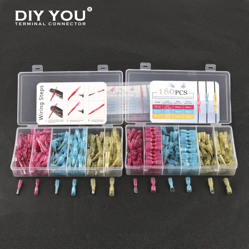 

180PCS/Boxed Heat Shrink Spade waterproof Wire Connectors Electrical Terminals Female Male Quick Disconnect Crimp Terminal Kit