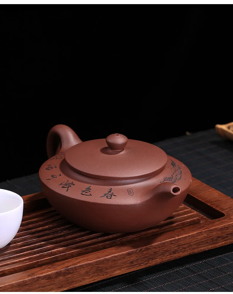 Yixing Clay Tea Set Manufacturers Wholesale tan quan hai Lettering Raw Ore Purple Clay han dynasty Flat Kettle Entirely Handmade