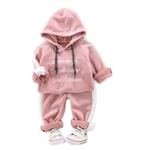 Теплые зимние куртки для малышей для девочек, для маленьких мальчиков детская одежда костюм теплая детская куртка с капюшоном длинные брюки 2 шт./компл. Джинсовые штаны с вельветом для детей Детские плотные спортивные костюмы