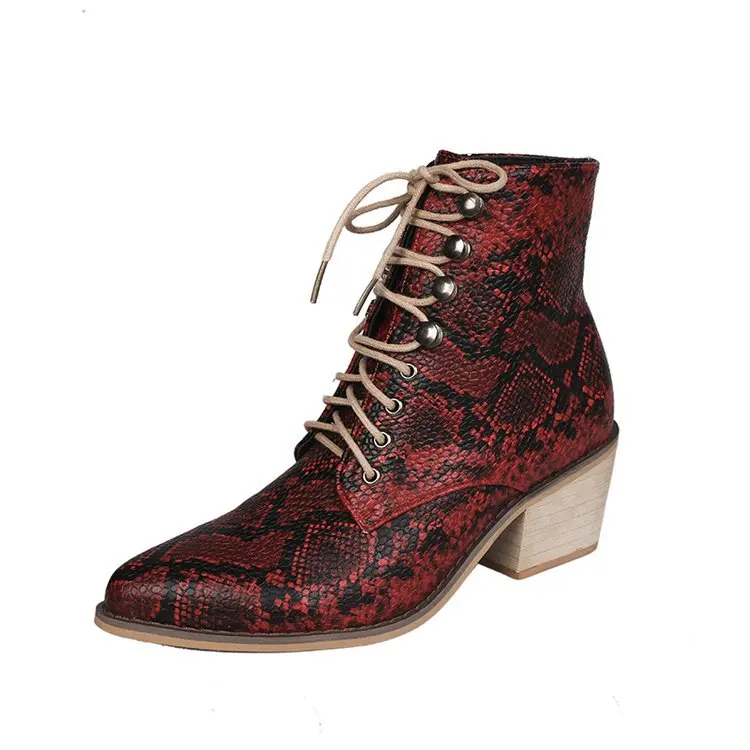 Женские ботинки на молнии; ботильоны со змеиным принтом на квадратном каблуке; модная пикантная женская обувь с острым носком; Новинка года; ботинки «Челси»; fgb5 - Цвет: Красный