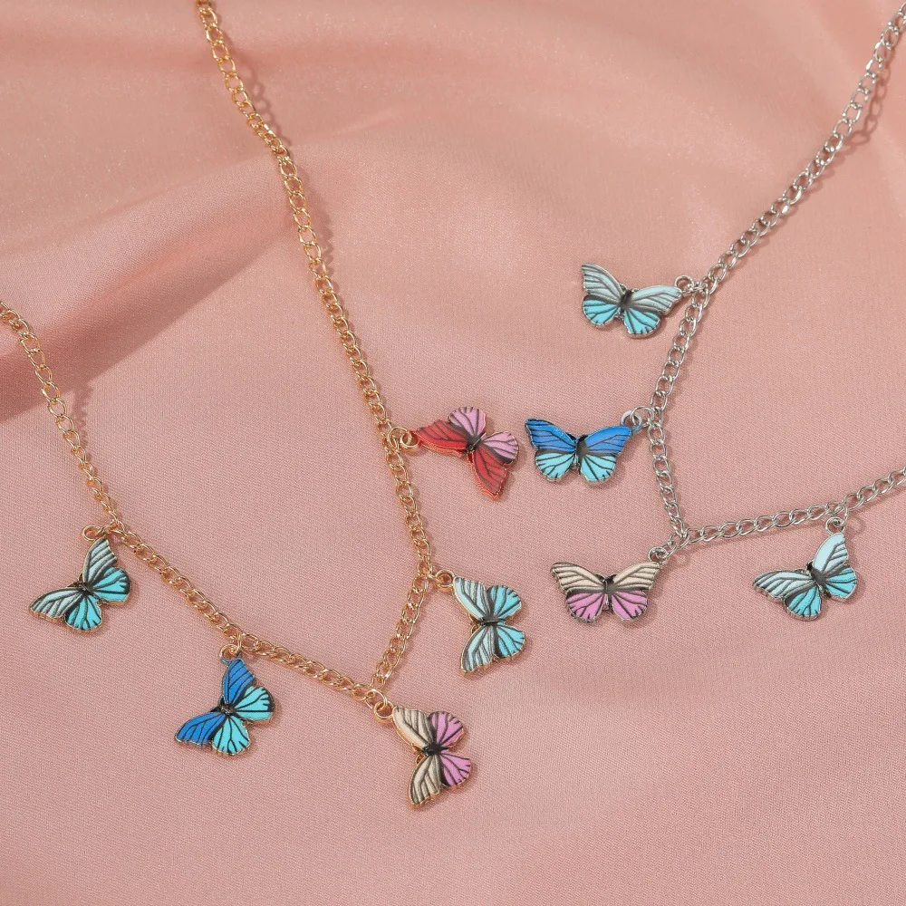 Fairy Contrast Color Rainbow Butterfly Necklaces for Women Gold Chain Multi Butterflies Pendant Choker Necklace Jewelry | Украшения и