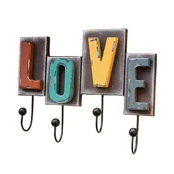 

Multicolor 4 Metal Hooks Wall Mounted Coat Rack Rustic Finish Love Lettering GXMA