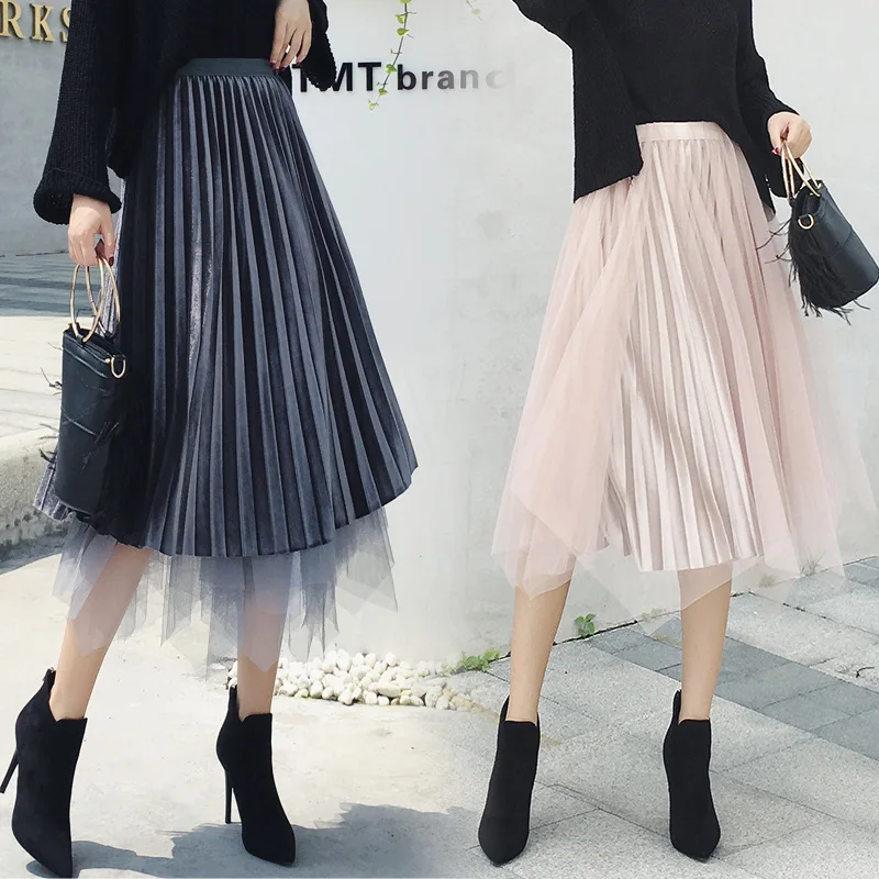 

Knee Length Summer Skirt Women With Belt 2019 Fashion Korean Ladies High Waist Pleated A-line School Skirt Female