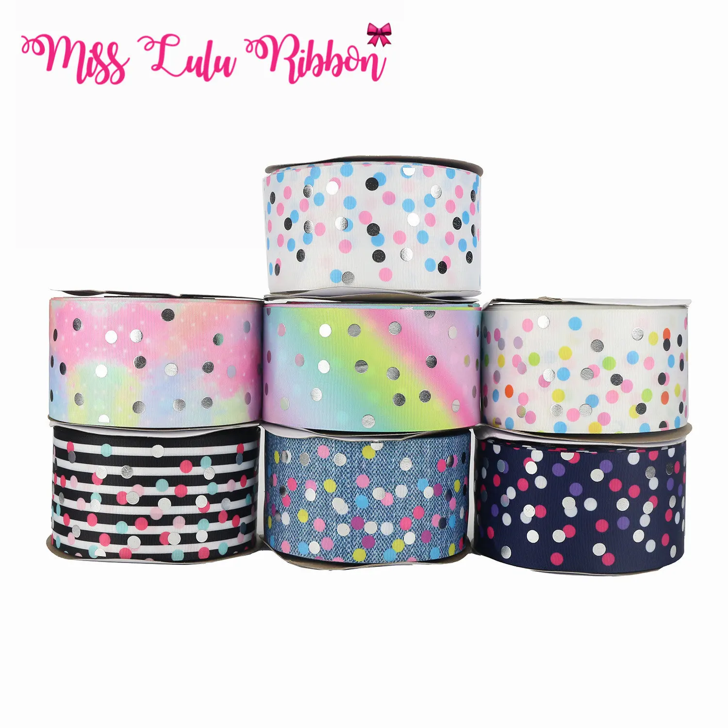 

3 "75mm Geometry Series Silver Dot Printing Solid / Gradient / Stripe Holographic Ribbon DIY Accessories 50 Yards Per Roll
