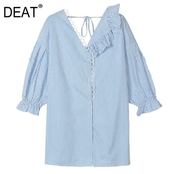 

DEAT 2020 stocks new items V-neck lantern sleeves ruffles striped single breasted shirt female girl's blouse WK47305