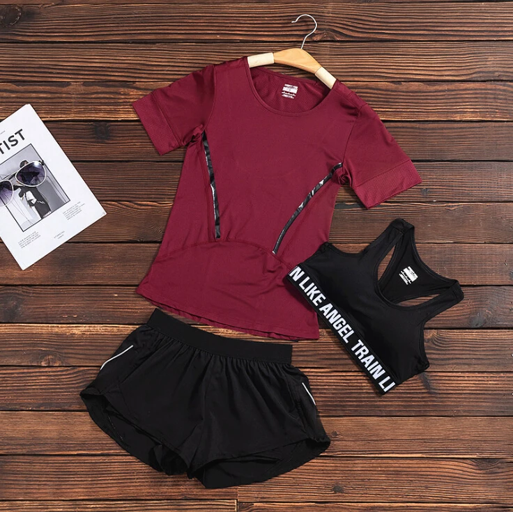 Hot sale women quick dry yoga sets fitness gym 2/3 piece set t shirt+bra+pants outdoor sports running clothes training suit sets - Цвет: 3 piece set e