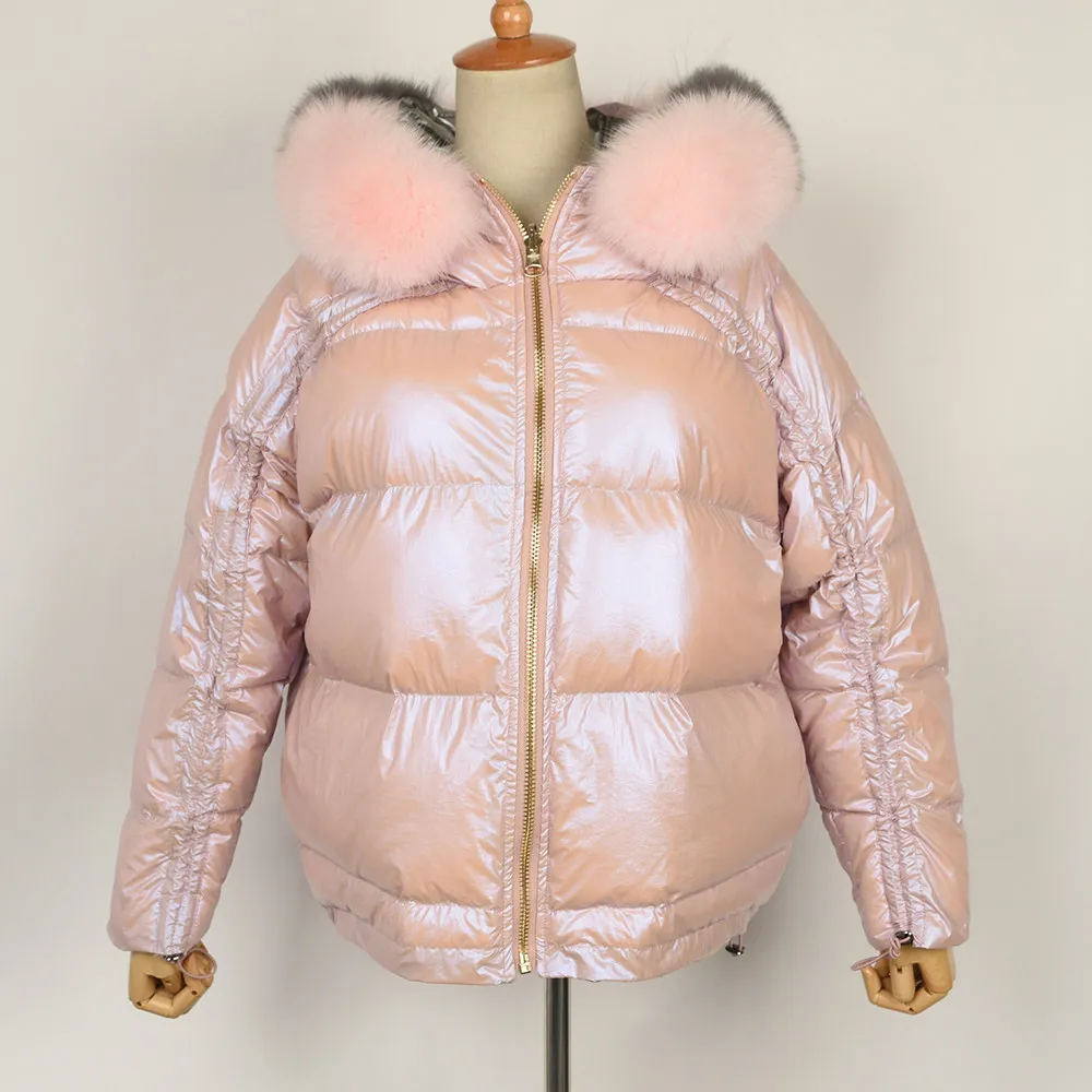 Pink Женские зимние куртки, пуховое пальто на белом утином пуху, Воротник из натурального Лисьего меха, Двустороннее пальто, высокое качество, модный стиль, S7482B - Цвет: Pink