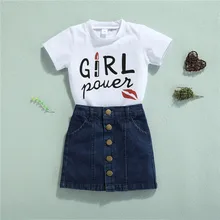 

2Pcs Kids Summer Outfit, Print Short Sleeve T-Shirt + Button-Open Denim Skirt , 18 Months to 6 Years Girls Summer Fashion Set