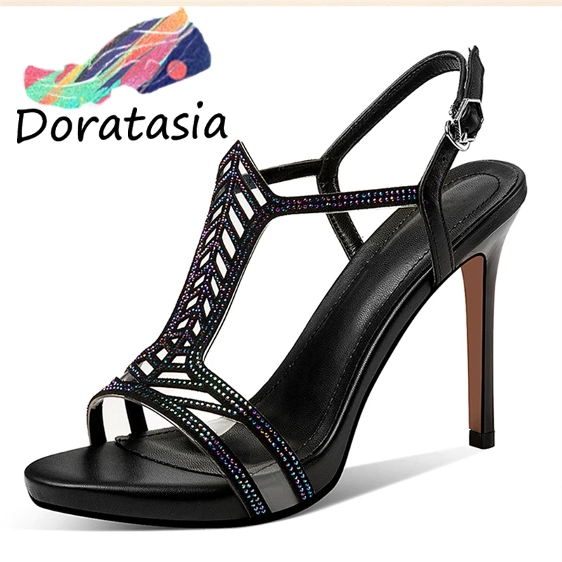 

DORATASIA Sexy Lady Summer Sandals High Heels Crystal Ankle Strap Genuine Leather Sandals Women Wedding Party Club Shoes Woman