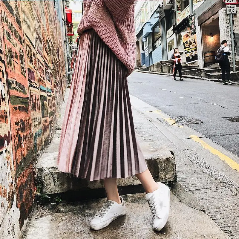 

Pleated Joint Contrast Color Gold Velvet Mid-length Skirt