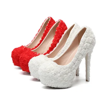 

3D Rose Floral Lace Wedding Shoes High Heel 14CM Platform Heels Red Bridal Shoes Princess Pump Platform Shoes Women Bridal Pumps