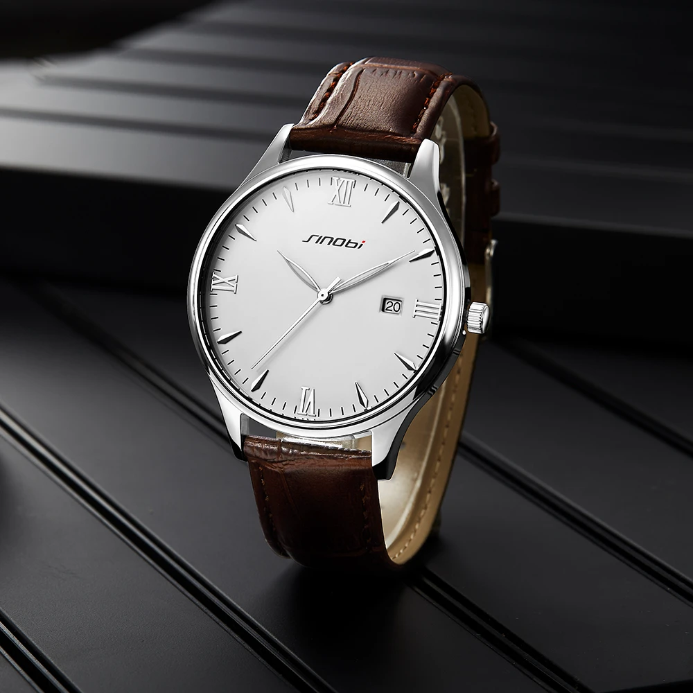 SINOBI Luxury Men's Business Quartz Watch Leather Strap Strainless Steel Shell Luminous Needle Calendar Date Couple Wristwatch