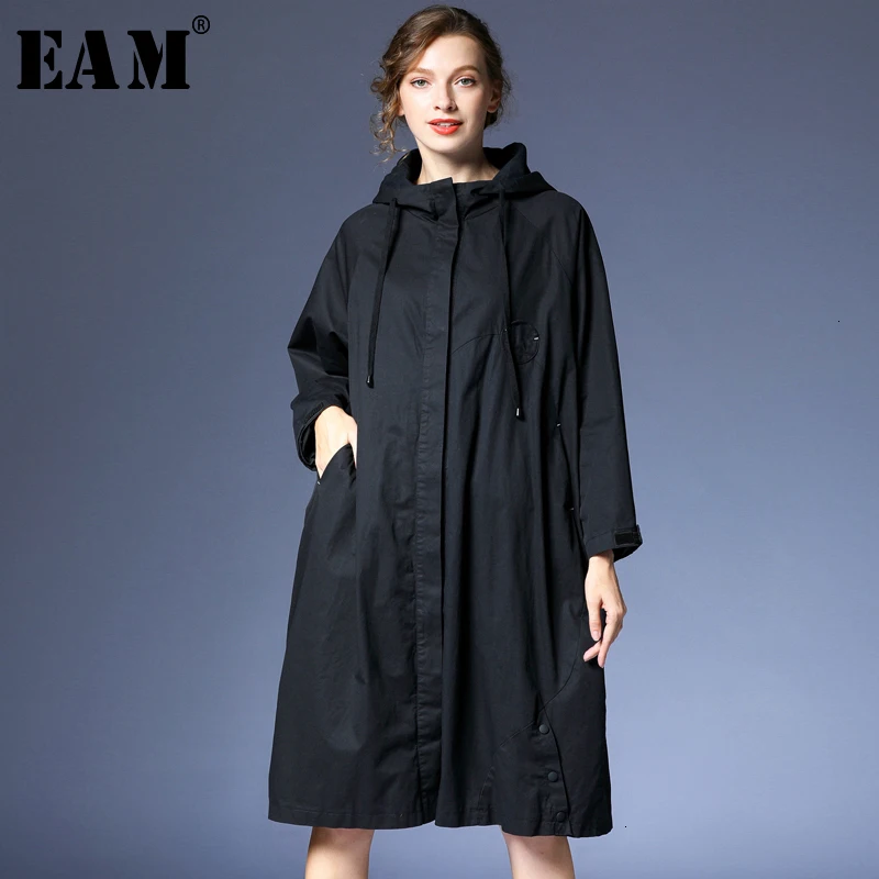 

[EAM] Women Black Long Big Size Trench New Hooded Long Sleeve Loose Fit Windbreaker Fashion Tide Autumn Winter 2019 1D272