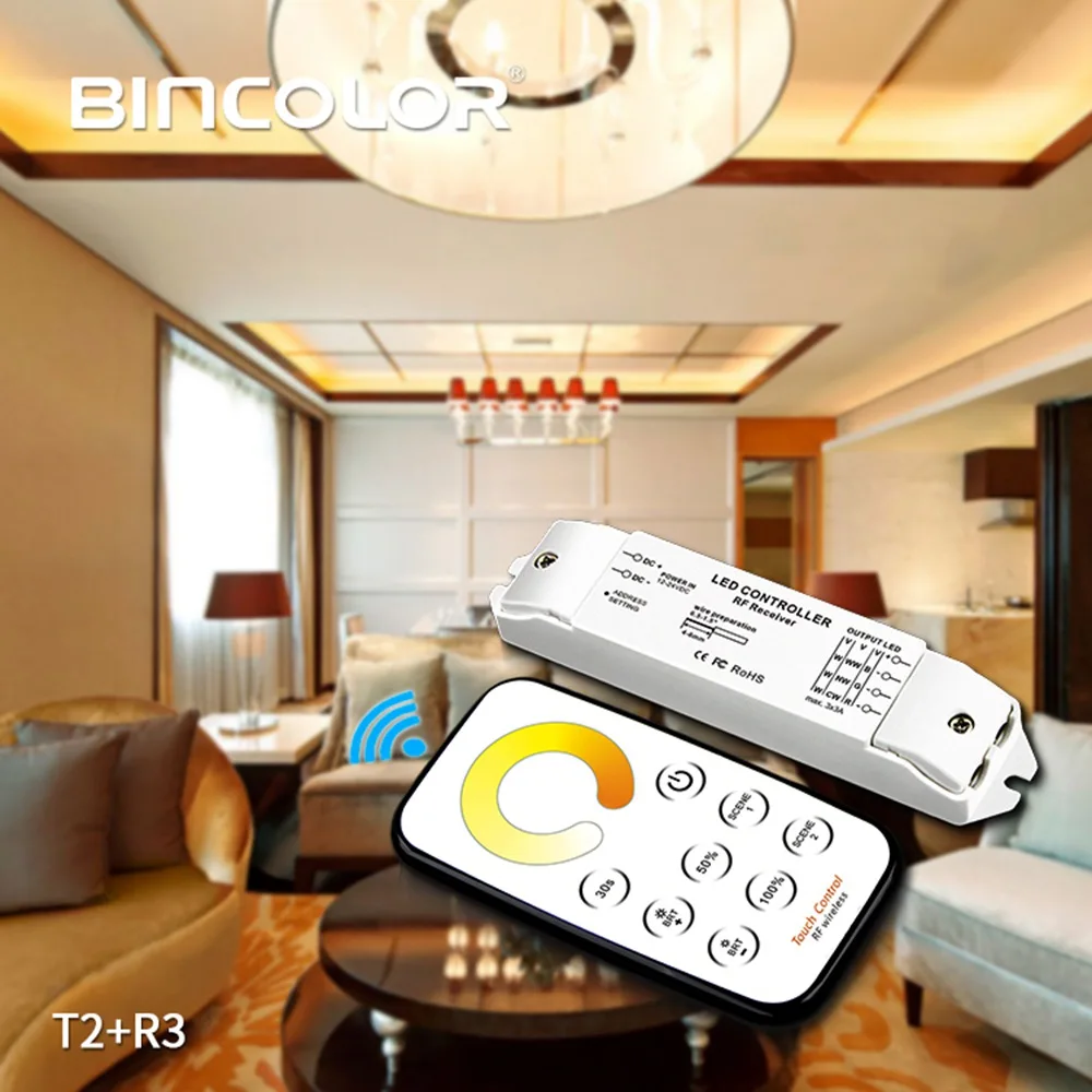 Bincolor T2+ R3 светодиодный диммер приемник контроллер с мини RF беспроводной пульт дистанционного управления светодиодный CCT для светодиодные ленты светильник, DC12V-24V