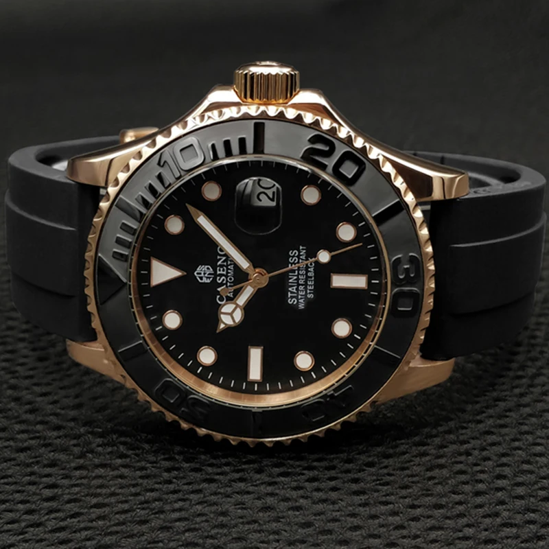 Automatic Mechanical Watch Men Top Luxury Brand Mens Watches Black Ceramic Outer Ring Gold Stainless Steel Silicone Watch CASENO