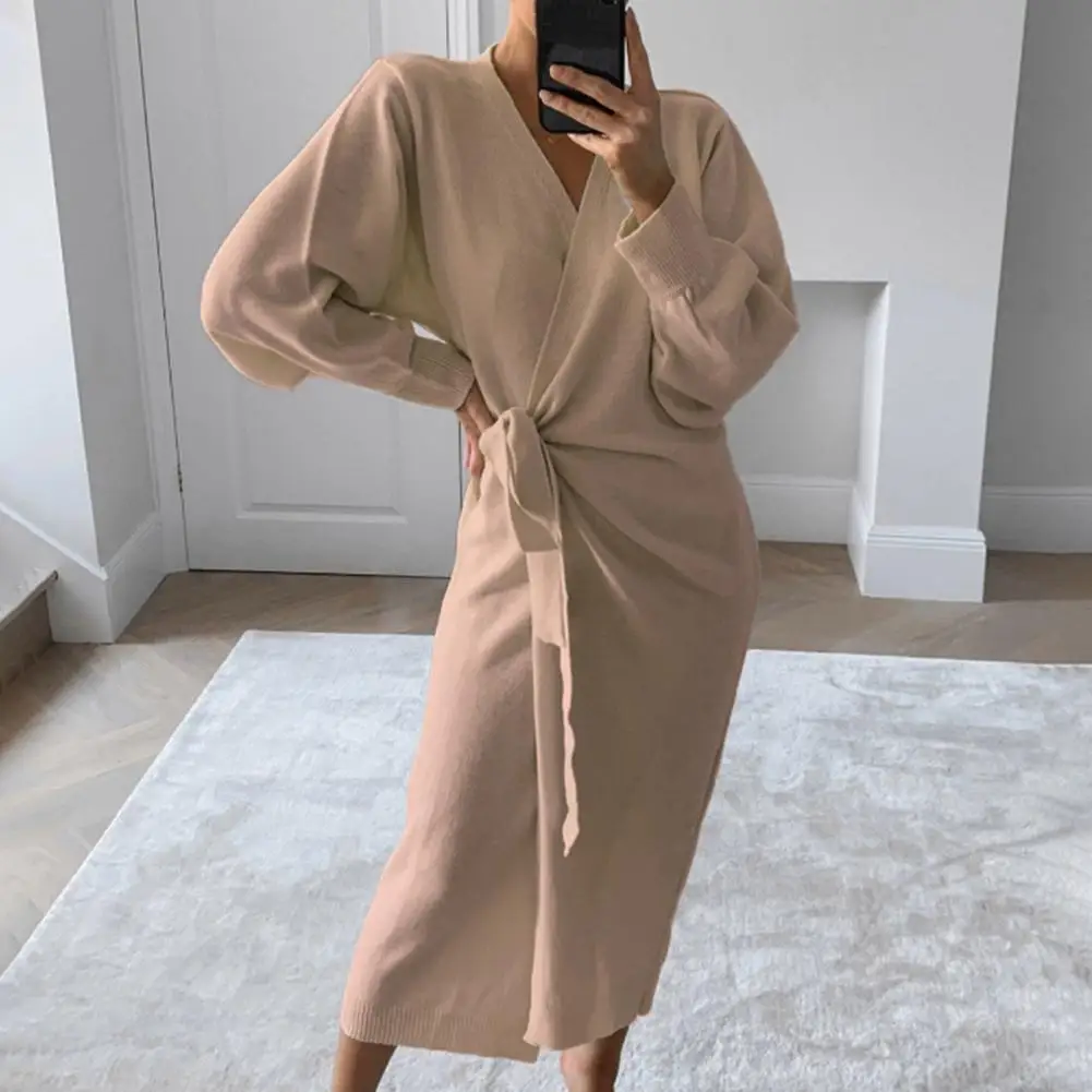 Women Knit Sweater Casual Lace-up Long Skirt For Ladies Solid Color Slim Long One Piece Dress Casual Full Sleeve Clothing 2