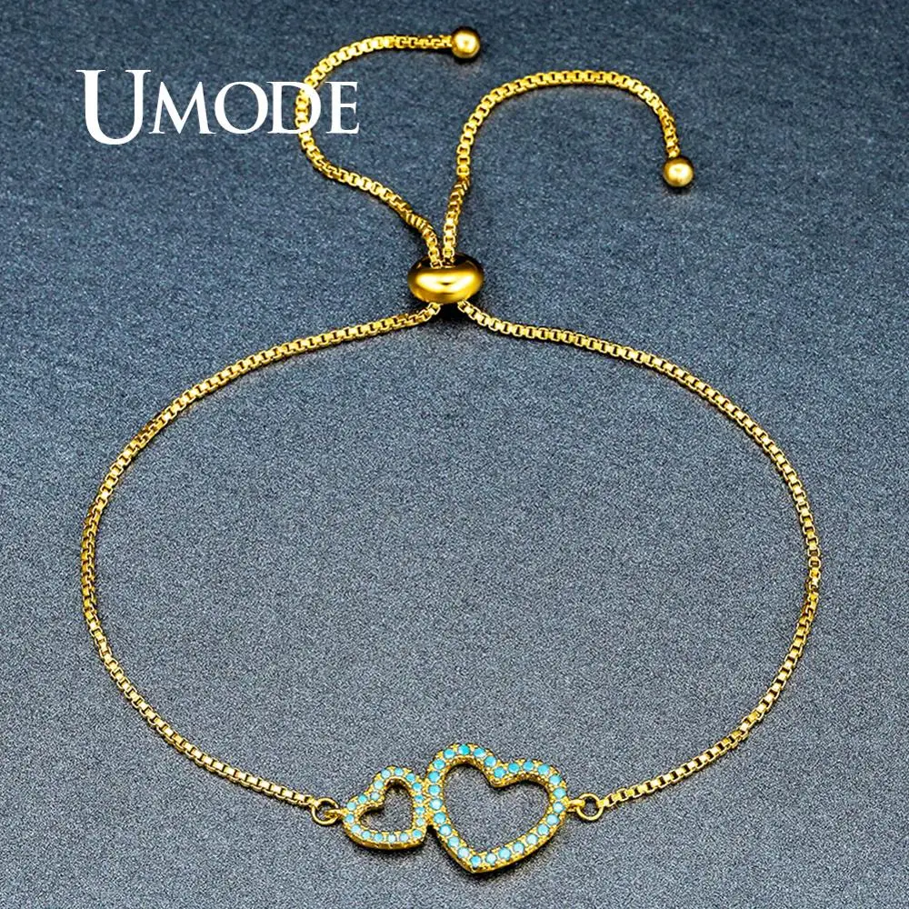 UMODE Двойные Браслеты с сердечками для женщин милый золотой цвет регулируемый браслет Femme Свадебная вечеринка очаровательные ювелирные изделия UB0105