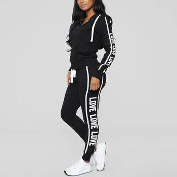 

Fashion Women plus size 2 piece set women Letter Print pink outfit Hooded Zipper Sport suit Tops+Long Pants outfits for women