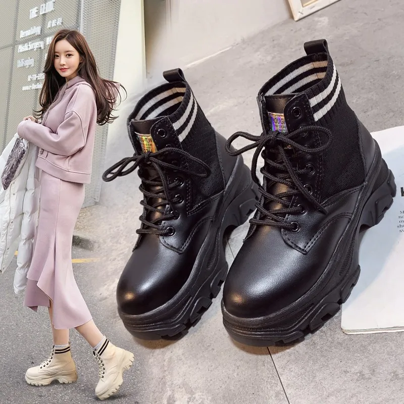 

2019 Autumn New Style Thick Bottomed Extra High Martin Boots Women's British-Style Versatile Hight-top Lace-up Online Celebrity